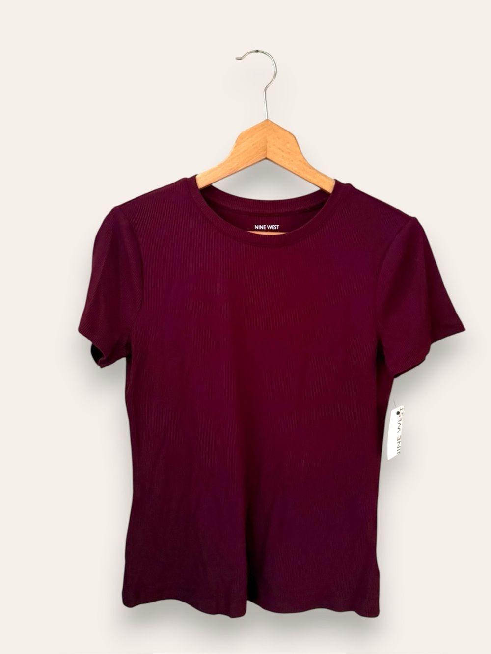 NWT Nine West Compact-Rib Crewneck Tee Burgundy Wine Medium Women’s